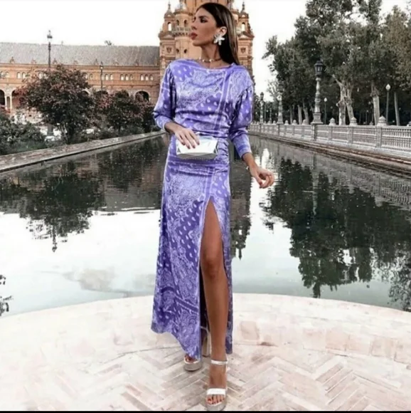 zara long purple dress Zara Purple Midi Dress NWT Zara Purple Paisley Midi Dress